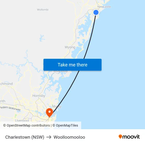 Charlestown (NSW) to Woolloomooloo map