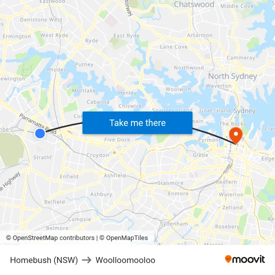 Homebush (NSW) to Woolloomooloo map