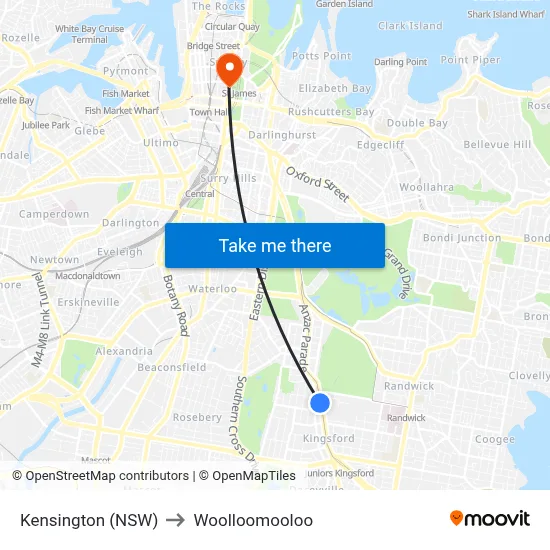 Kensington (NSW) to Woolloomooloo map