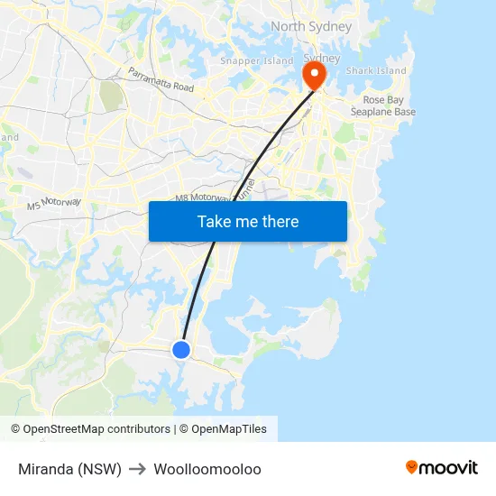 Miranda (NSW) to Woolloomooloo map