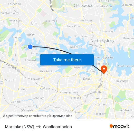 Mortlake (NSW) to Woolloomooloo map