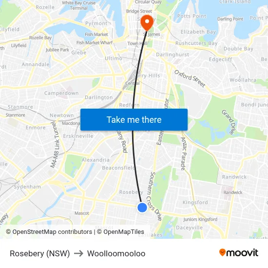 Rosebery (NSW) to Woolloomooloo map