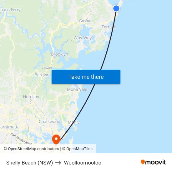 Shelly Beach (NSW) to Woolloomooloo map