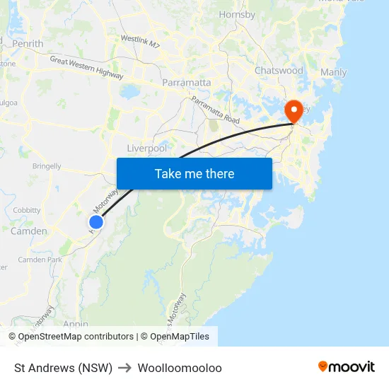 St Andrews (NSW) to Woolloomooloo map