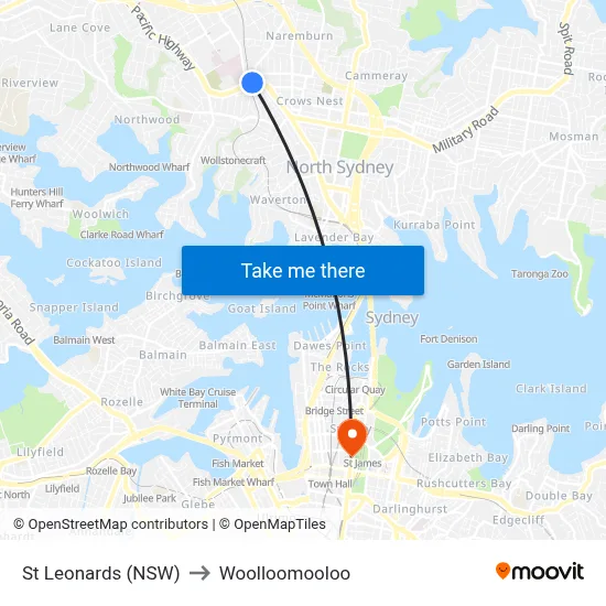 St Leonards (NSW) to Woolloomooloo map