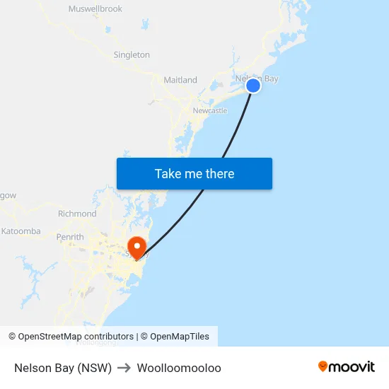 Nelson Bay (NSW) to Woolloomooloo map