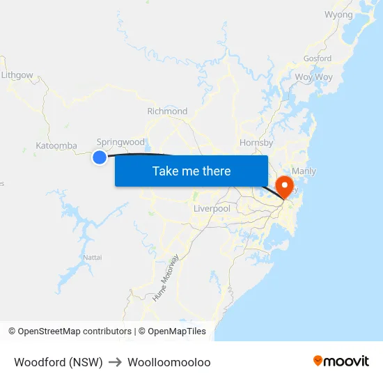 Woodford (NSW) to Woolloomooloo map