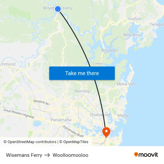 Wisemans Ferry to Woolloomooloo map