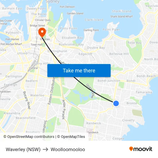 Waverley (NSW) to Woolloomooloo map