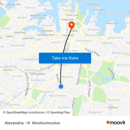 Alexandria to Woolloomooloo map