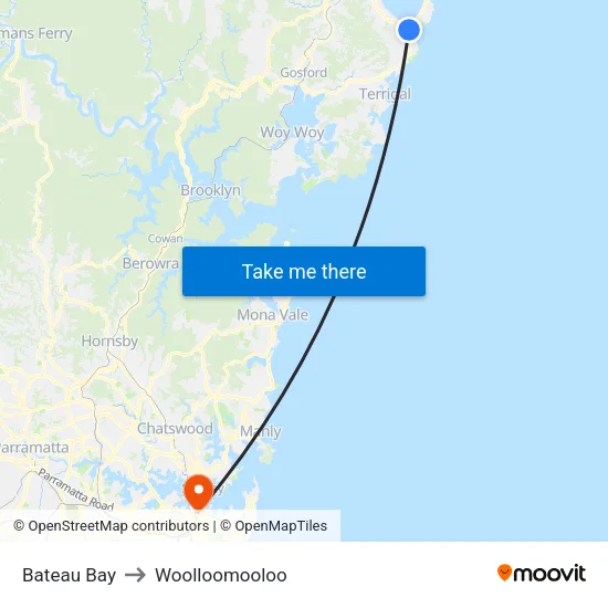 Bateau Bay to Woolloomooloo map