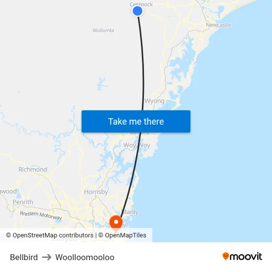 Bellbird to Woolloomooloo map