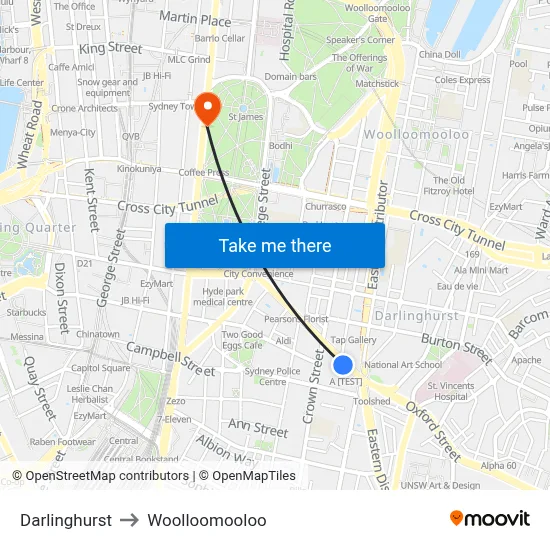 Darlinghurst to Woolloomooloo map