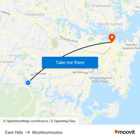 East Hills to Woolloomooloo map