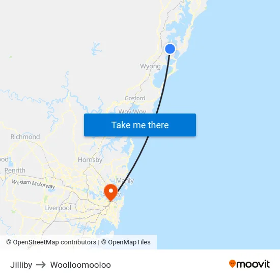 Jilliby to Woolloomooloo map