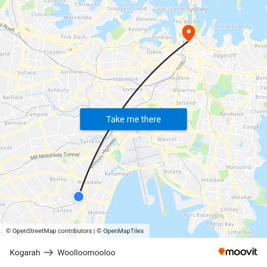 Kogarah to Woolloomooloo map