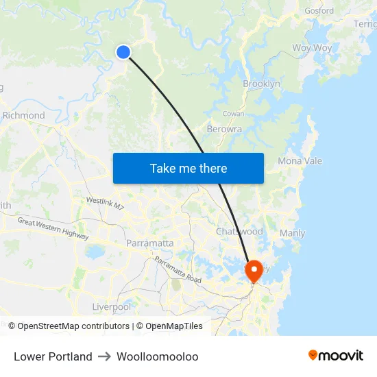 Lower Portland to Woolloomooloo map