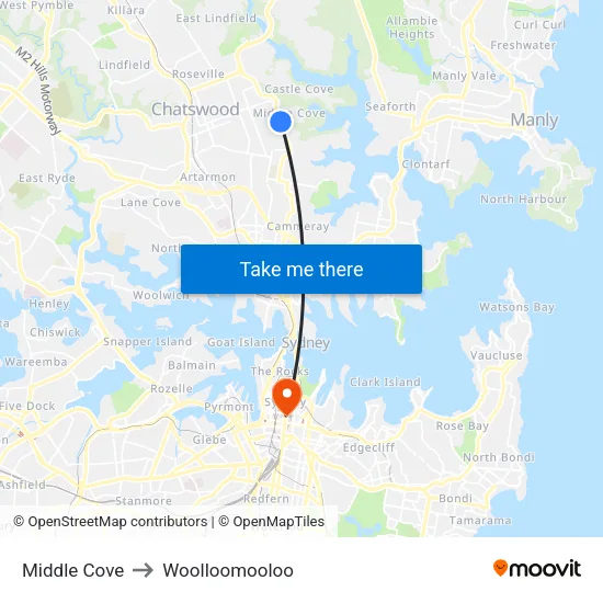 Middle Cove to Woolloomooloo map
