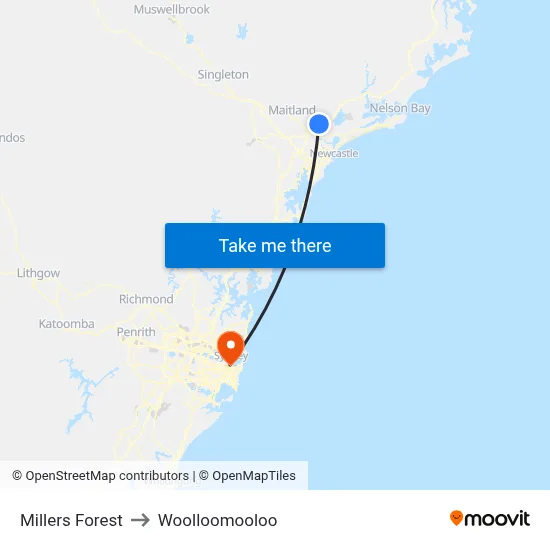 Millers Forest to Woolloomooloo map