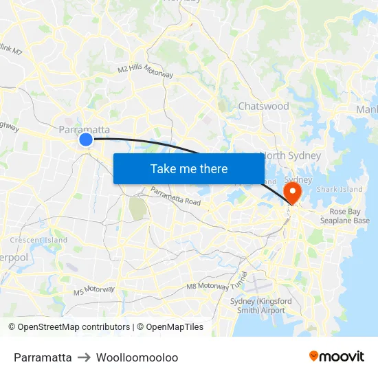 Parramatta to Woolloomooloo map