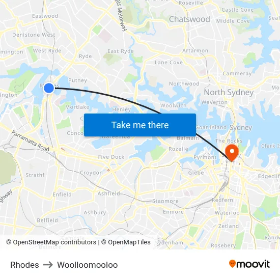 Rhodes to Woolloomooloo map