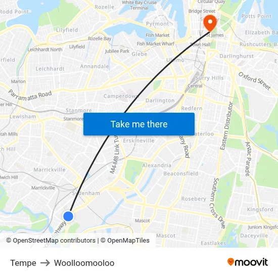 Tempe to Woolloomooloo map