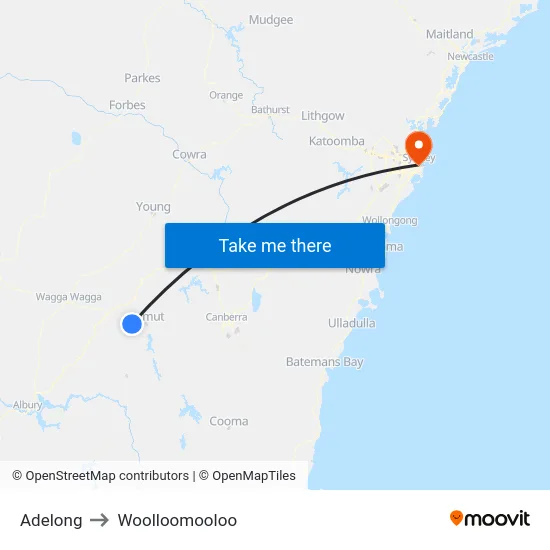 Adelong to Woolloomooloo map