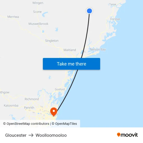 Gloucester to Woolloomooloo map