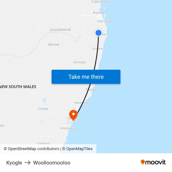 Kyogle to Woolloomooloo map