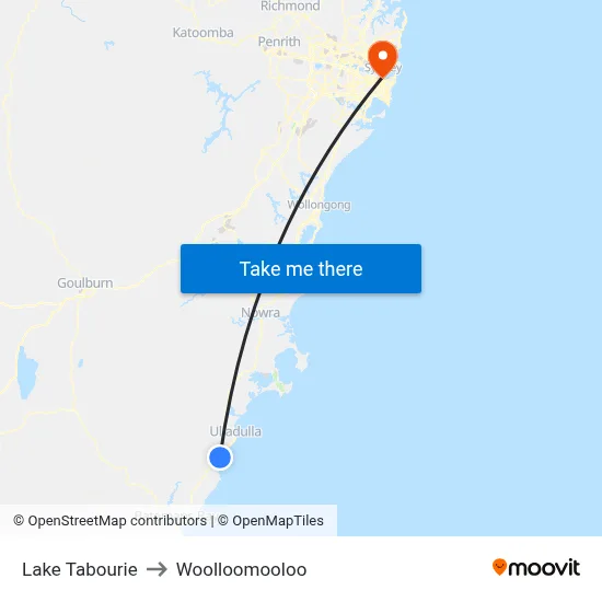 Lake Tabourie to Woolloomooloo map