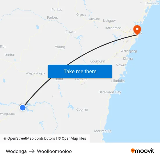 Wodonga to Woolloomooloo map
