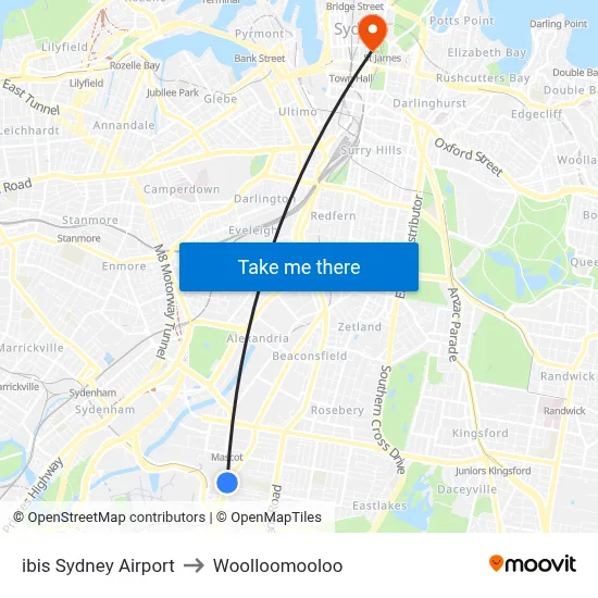 ibis Sydney Airport to Woolloomooloo map