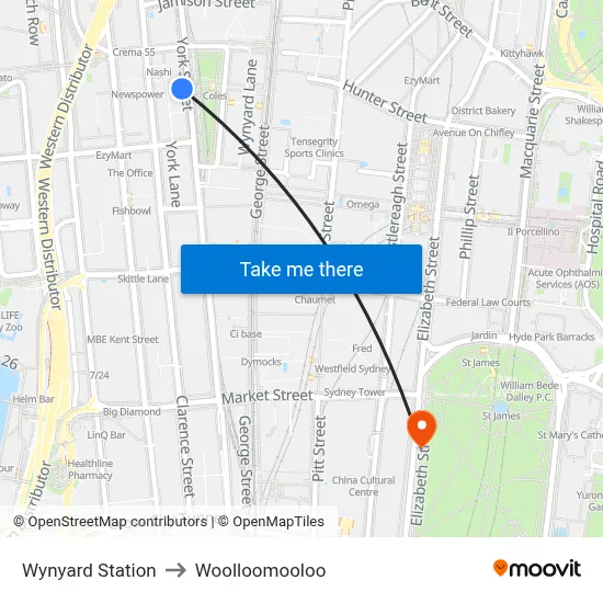 Wynyard Station to Woolloomooloo map