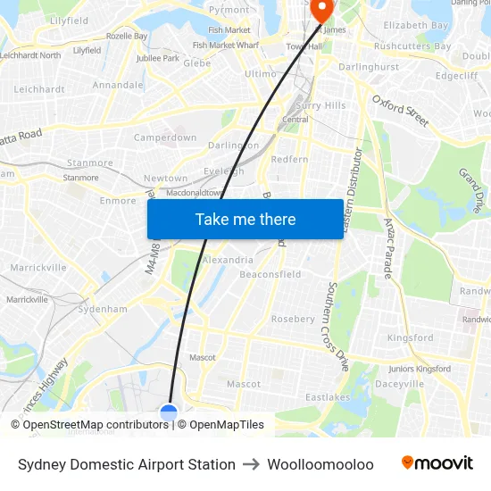 Sydney Domestic Airport Station to Woolloomooloo map