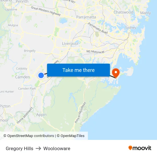 Gregory Hills to Woolooware map