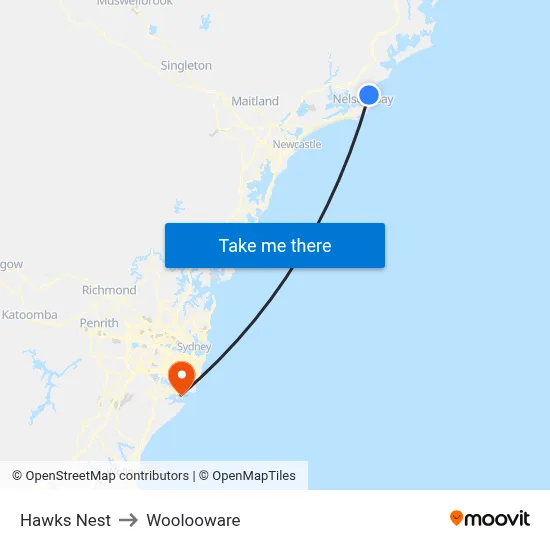 Hawks Nest to Woolooware map