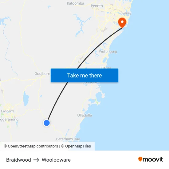 Braidwood to Woolooware map