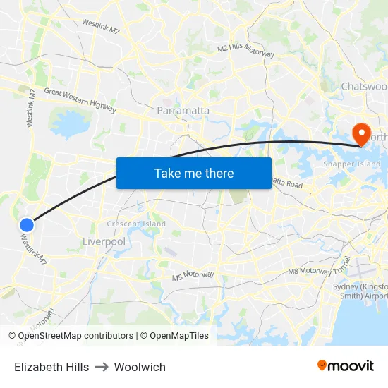 Elizabeth Hills to Woolwich map