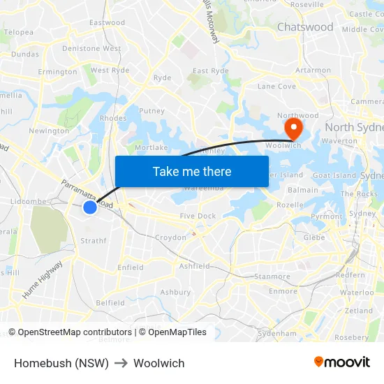 Homebush (NSW) to Woolwich map