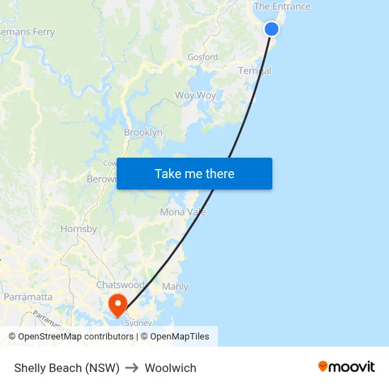 Shelly Beach (NSW) to Woolwich map
