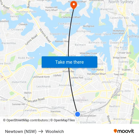 Newtown (NSW) to Woolwich map