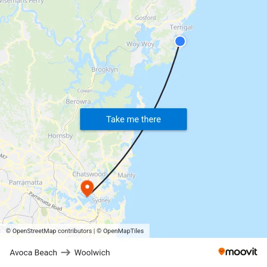Avoca Beach to Woolwich map