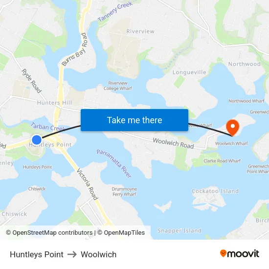 Huntleys Point to Woolwich map