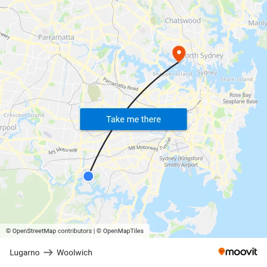 Lugarno to Woolwich map