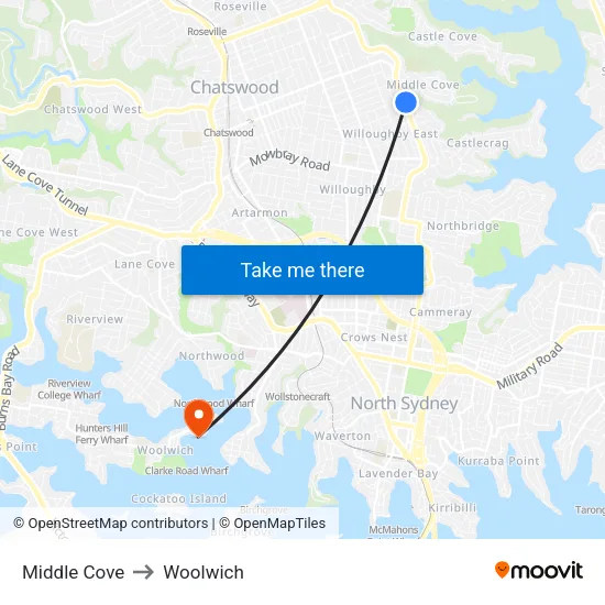 Middle Cove to Woolwich map