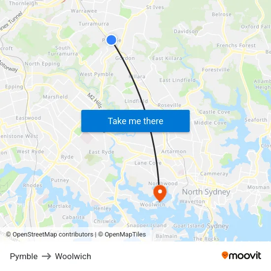 Pymble to Woolwich map