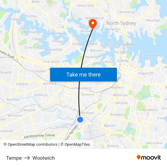 Tempe to Woolwich map