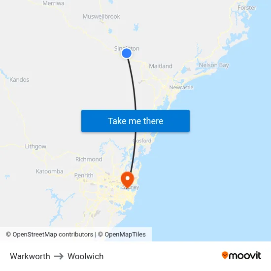 Warkworth to Woolwich map