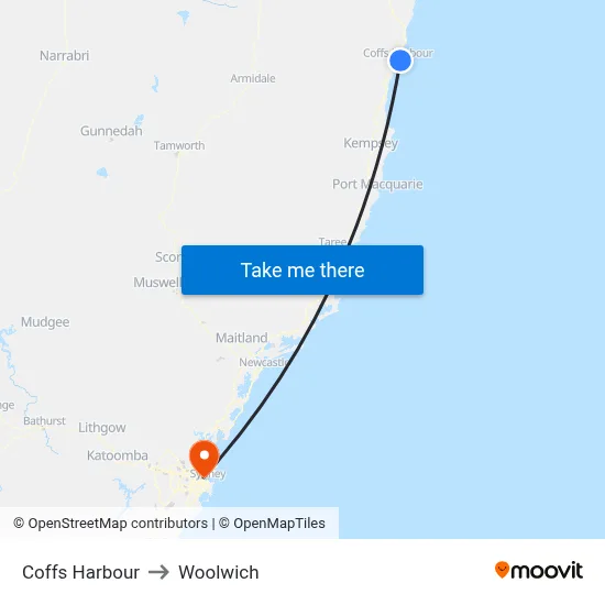 Coffs Harbour to Woolwich map