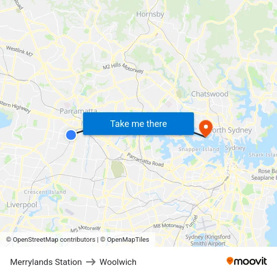 Merrylands Station to Woolwich map